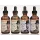Herbaria handmade natural beard oil collection featuring four amber dropper bottles of unique essential oil scents.