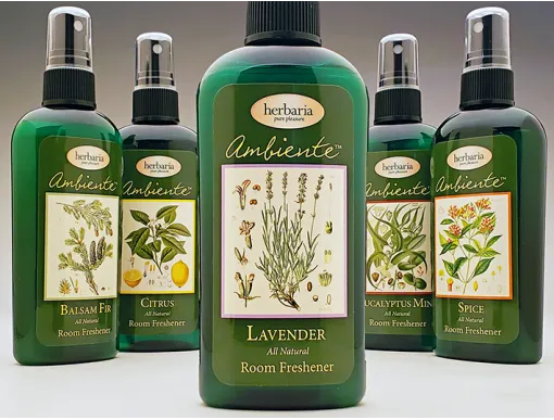 A close of photo of the 5 all-natural room and linen sprays from Herbaria.