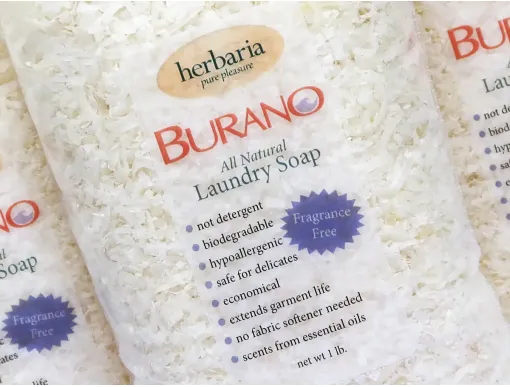 A clear bag of pale colored Herbaria's Burano™ Laundry Soap Shavings