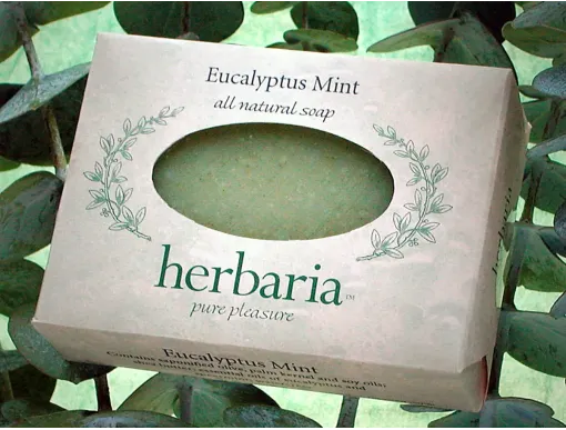 Herbaria all natural Eucalyptus Mint Soap wrapped in paper on a background of eucalyptus leaves.
