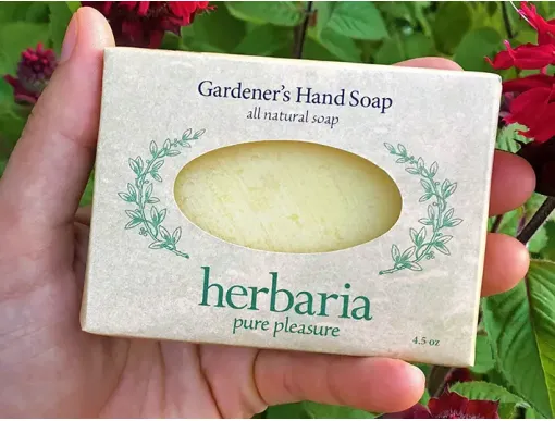 A hand holds Herbaria's scubby Gardener's Hand Soap above some beautiful bee balm.