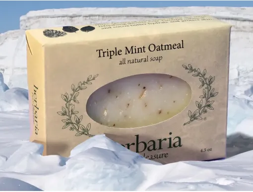 A bar of Herbaria Triple Mint Oatmeal all-natural soap packaged in a tan paper label. The soap bar is visible through an oval window cutout, showing small botanical flecks of real mint leaf inside. The bar is set against a dramatic backdrop of bright white snow and blue-tinted glacial ice blocks, emphasizing a cooling effect.