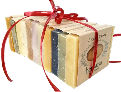 Herbaria's best selling cutie sample sized bars all wrapped up in a red bow together.