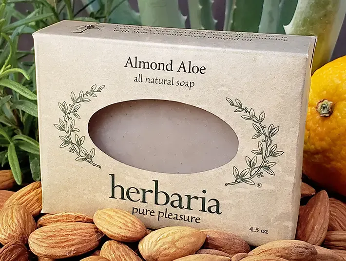Herbaria Almond Aloe soap for sensitive skin, featuring plant-based ingredients and moisturizing aloe vera.