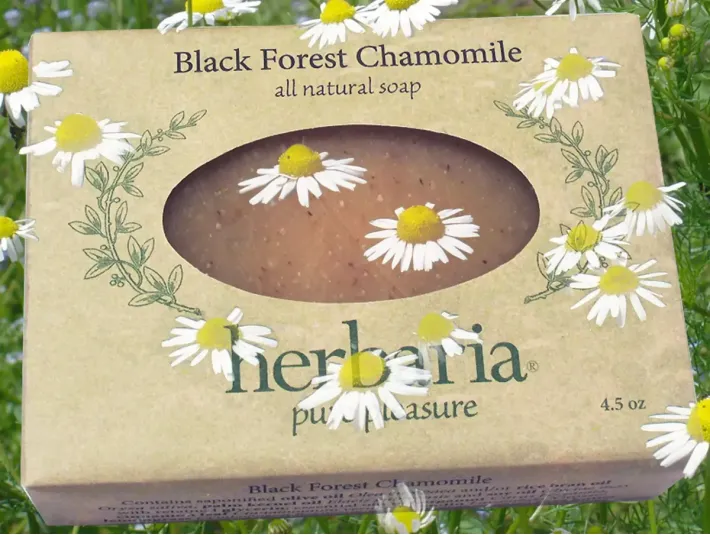 Black Forest Chamomile Herbaria soap bar with floating Chamomile blossoms dotting the image.