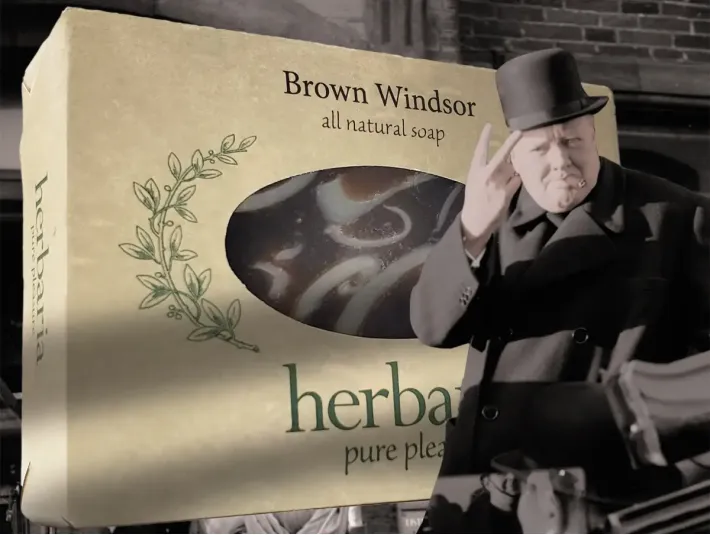 Herbaria Brown Windsor soap bar is styled with old-fashioned lye soap in coffee brown. We highlight its historic, spicy essential oil blend, beloved by Winston Churchill.