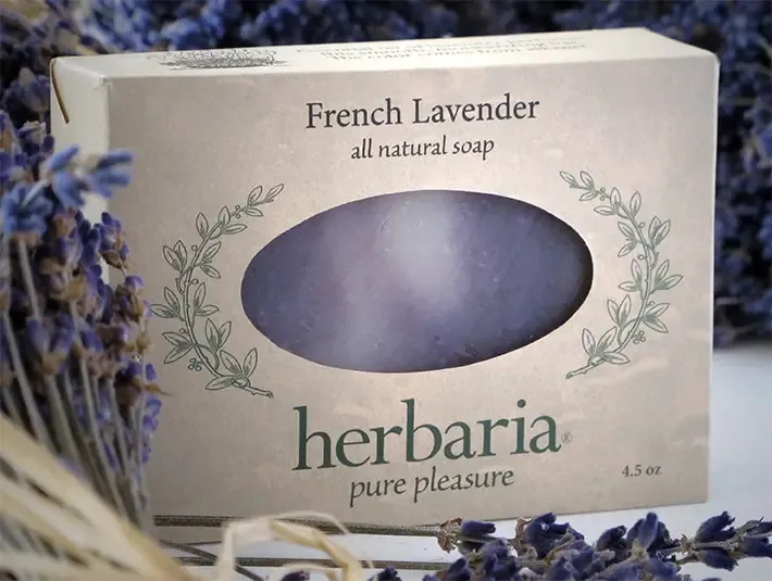 Herbaria's Handcrafted silky smooth French Lavender soap bar with natural purple hues from alkanet root surrounded by botanicals.