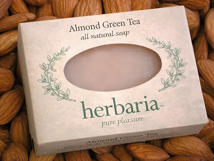 Handcrafted Almond Green Tea bar soap with a warm brown color from natural green tea.