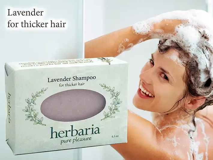Herbaria Lavender Shampoo bar for thicker hair with a woman lathering her hair in the shower.