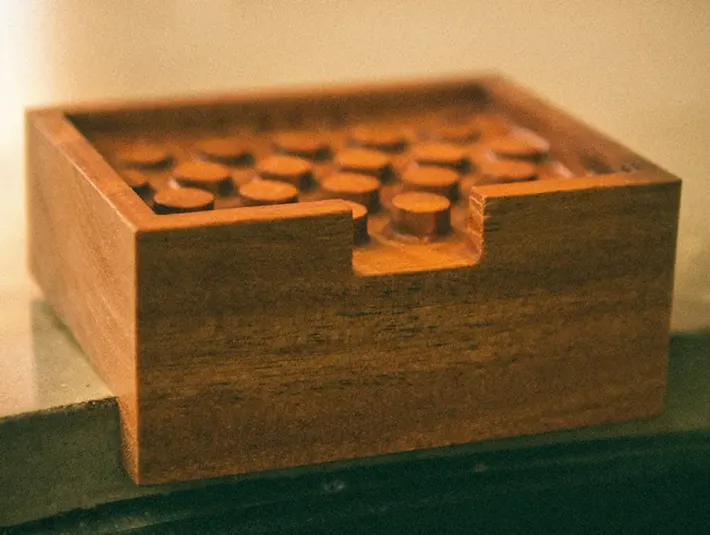 Custom carved wooden soap dish with drain ledge