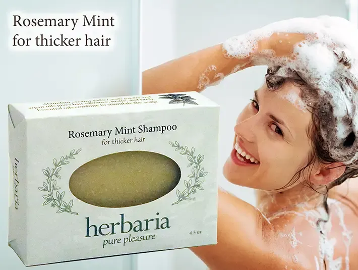 Herbaria Rosemary Mint Shampoo bar for thicker hair with a woman lathering her hair in the shower.