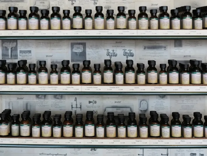 Multiple rows of small amber glass bottles of essential oils with Herbaria labels organized neatly on shelves in the Herbaria storefront.